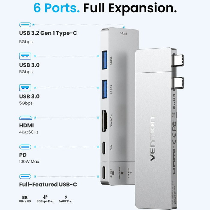 Vention Docking Station USB Tipo-C THZH0 con HDMI 4K, Thunderbolt y USB, Gris